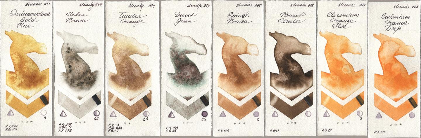 Shminke Horadam Aquarell 217 Quinacridone Gold Hue, 946 Urban Brown, 981 Tundra Orange, 924 Desert Green, 650 Spinel Brown, 668 Burnt Umber, 214 Chrome Organge LF (Chromium Orange Hue), 228 Cadmium Orange De watercolor swatch