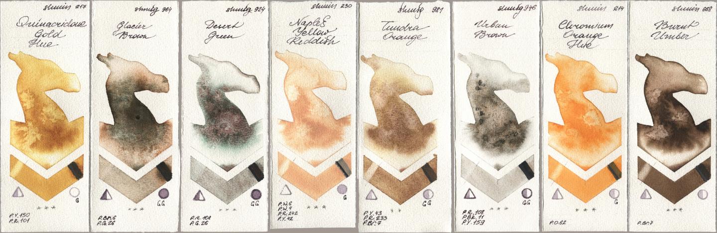 Shminke Horadam Aquarell 217 Quinacridone Gold Hue, 964 Glacier Brown, 924 Desert Green, 230 Naples Yellow Reddish, 981 Tundra Orange, 946 Urban Brown, 214 Chrome Organge LF (Chromium Orange Hue), 668 Burnt Umb watercolor swatch