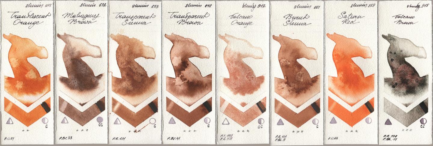 Shminke Horadam Aquarell 218 Translucent Orange / Transparent Orange, 672 Mahagony Brown, 653 Transparent Sienna, 648 Transparent Brown, 912 Volcano Orange, 661 Burnt Sienna, 359 Saturn Red, 915 Volcano Bro watercolor swatch