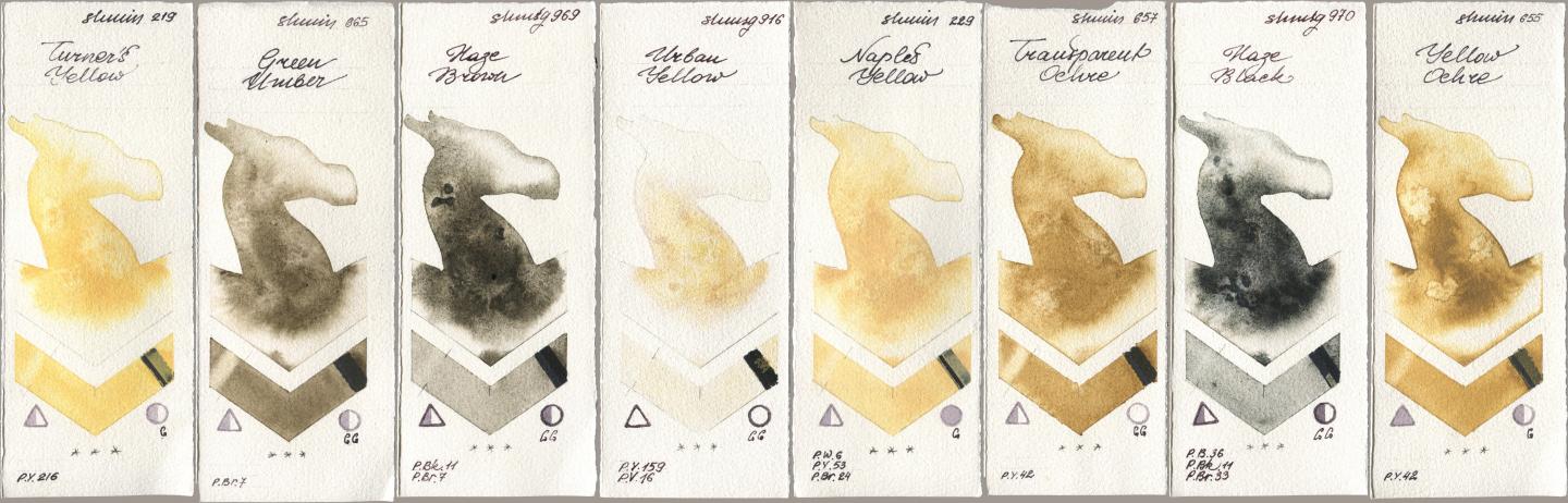 Shminke Horadam Aquarell 219 Turner‘s Yellow, 665 Green Umber, 969 Haze Brown, 916 Urban Yellow, 229 Naples Yellow, 657 Transparent Ochre, 970 Haze Black, 655 Yellow Och watercolor swatch