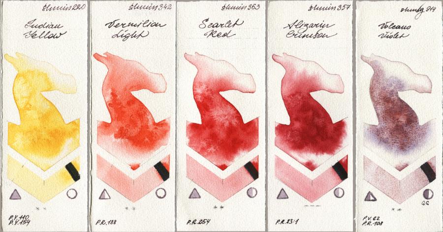 Shminke Horadam Aquarell 220 Indian Yellow vs 342 Vermilion Light vs 363 Scarlet Red vs 357 Alizarin Crimson vs 914 Volcano Violet watercolor swatch