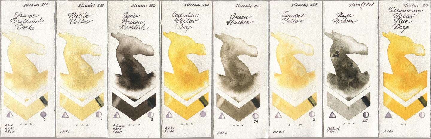 Shminke Horadam Aquarell 221 Brilliant Yellow Dark (Jaune Brilliant Dark), 205 Rutile Yellow, 662 Sepia Brown Reddish, 226 Cadmium Yellow Deep, 665 Green Umber, 219 Turner‘s Yellow, 969 Haze Brown, 213 Chrome Yellow Deep LF (Chromium Yellow Hue Dee watercolor swatch