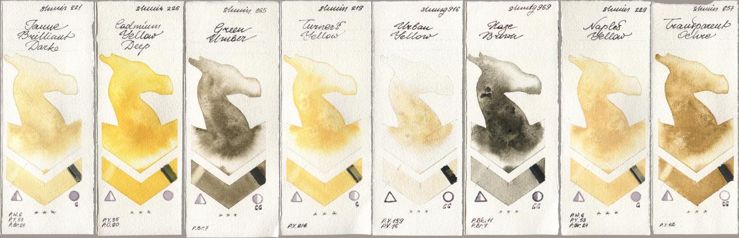 Shminke Horadam Aquarell 221 Brilliant Yellow Dark (Jaune Brilliant Dark), 226 Cadmium Yellow Deep, 665 Green Umber, 219 Turner‘s Yellow, 916 Urban Yellow, 969 Haze Brown, 229 Naples Yellow, 657 Transparent Och watercolor swatch