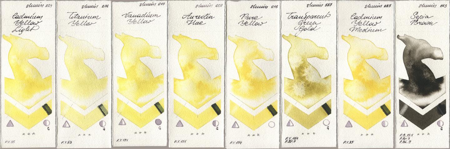 Shminke Horadam Aquarell 224 Cadmium Yellow Light, 206 Titanium Yellow, 207 Vanadium Yellow, 208 Aureolin Hue, 216 Pure Yellow, 537 Transparent Green Gold, 225 Cadmium Yellow Medium, 663 Sepia Bro watercolor swatch