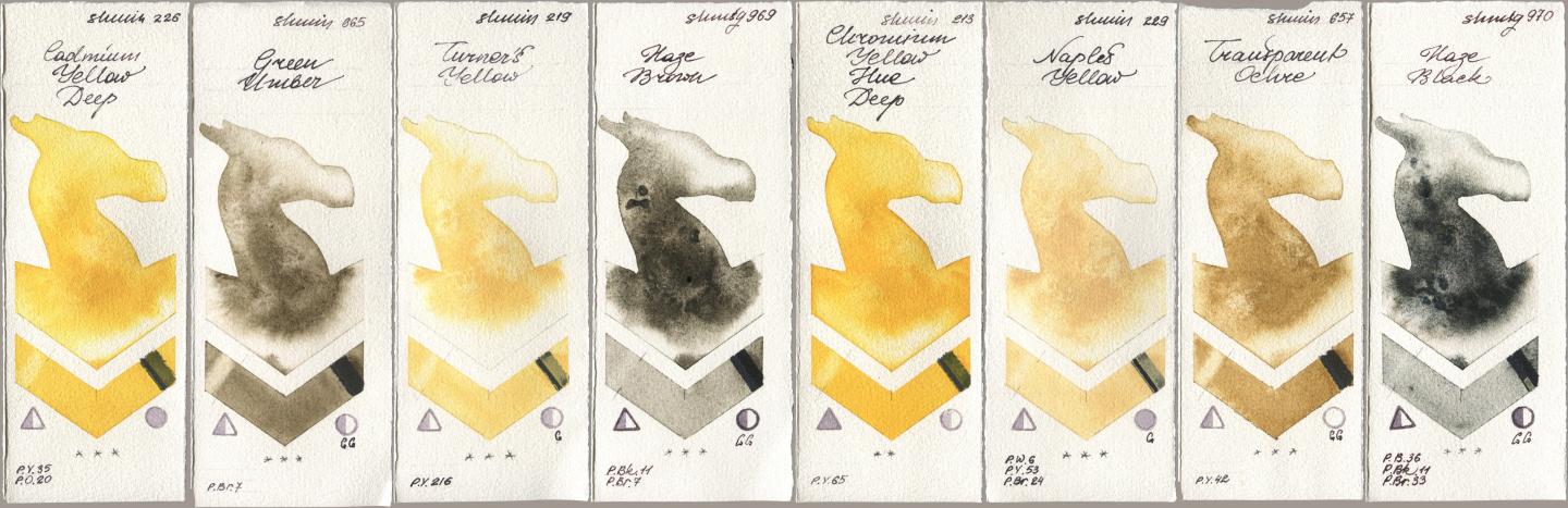 Shminke Horadam Aquarell 226 Cadmium Yellow Deep, 665 Green Umber, 219 Turner‘s Yellow, 969 Haze Brown, 213 Chrome Yellow Deep LF (Chromium Yellow Hue Deep), 229 Naples Yellow, 657 Transparent Ochre, 970 Haze Bla watercolor swatch