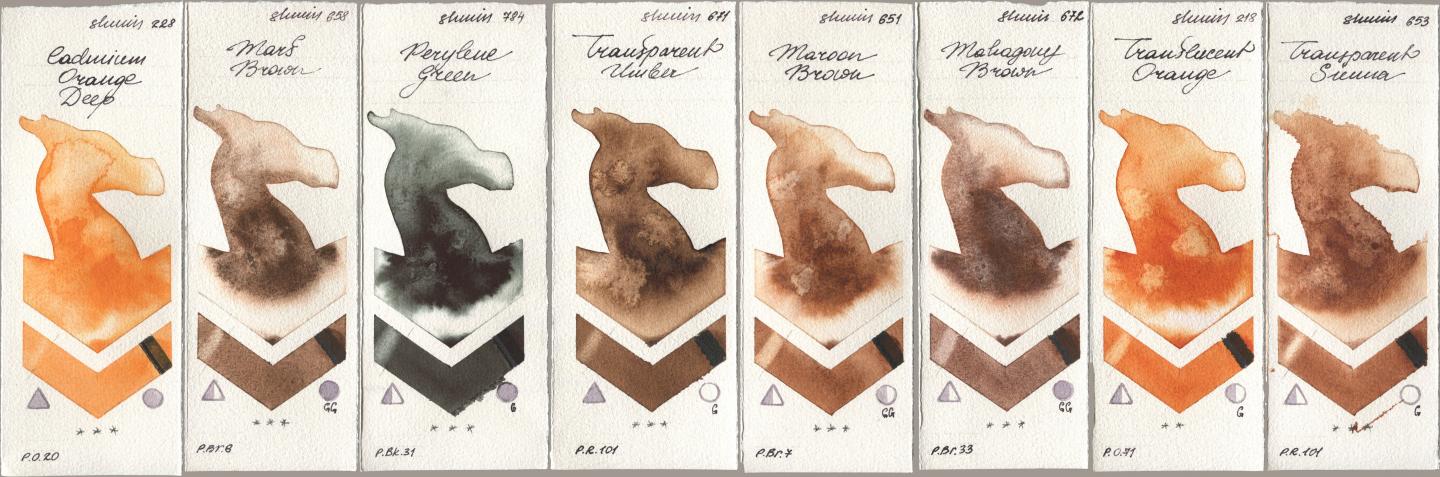 Shminke Horadam Aquarell 228 Cadmium Orange Deep, 658 Mars Brown, 784 Perylene Green, 671 Transparent Umber, 651 Maroon Brown, 672 Mahagony Brown, 218 Translucent Orange / Transparent Orange, 653 Transparent Sien watercolor swatch