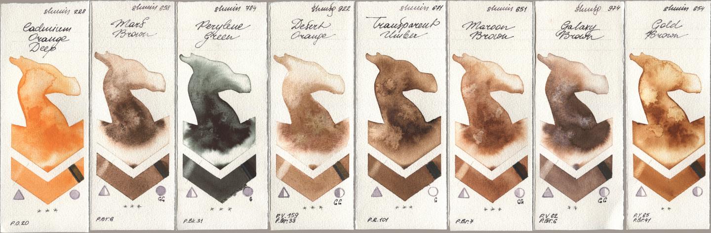 Shminke Horadam Aquarell 228 Cadmium Orange Deep, 658 Mars Brown, 784 Perylene Green, 922 Desert Orange, 671 Transparent Umber, 651 Maroon Brown, 974 Galaxy Brown, 654 Gold Bro watercolor swatch