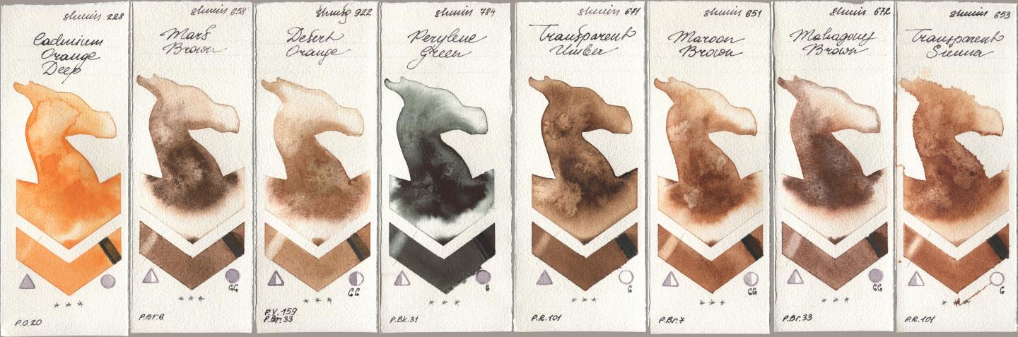 Shminke Horadam Aquarell 228 Cadmium Orange Deep, 658 Mars Brown, 922 Desert Orange, 784 Perylene Green, 671 Transparent Umber, 651 Maroon Brown, 672 Mahagony Brown, 653 Transparent Sien watercolor swatch