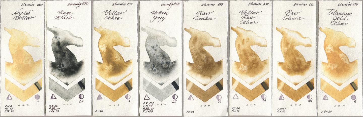 Shminke Horadam Aquarell 229 Naples Yellow, 970 Haze Black, 655 Yellow Ochre, 956 Urban Grey, 667 Raw Umber, 656 Yellow Raw Ochre, 660 Raw Sienna, 659 Titanium Gold Och watercolor swatch
