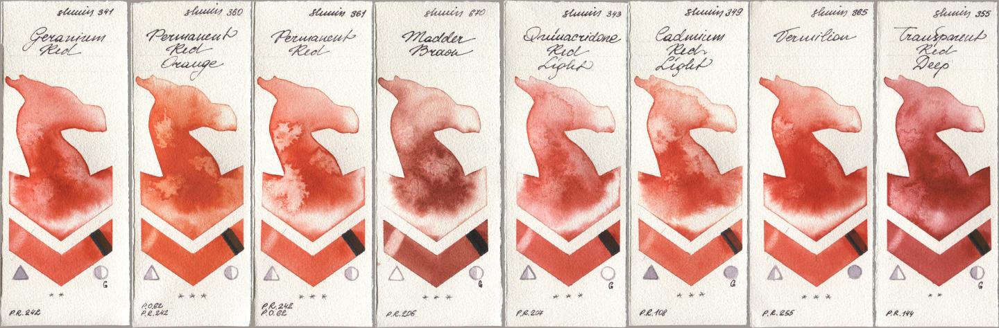 Shminke Horadam Aquarell 341 Geranium Red, 360 Permanent Red Orange, 361 Permanent Red, 670 Madder Brown, 343 Quinacridone Red Light, 349 Cadmium Red Light, 365 Vermilion, 355 Transparent Red De watercolor swatch
