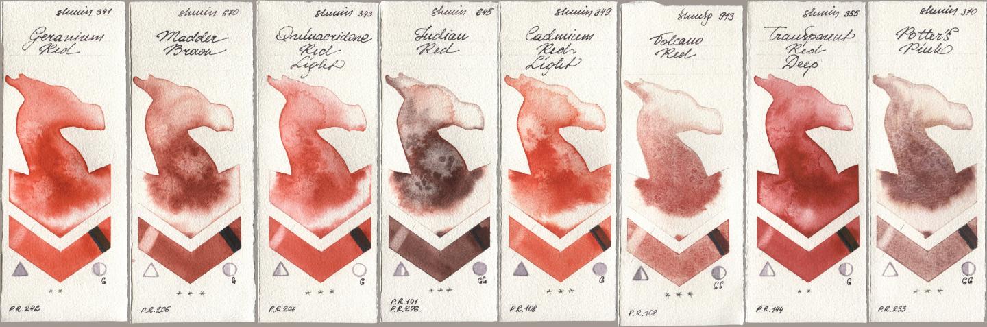 Shminke Horadam Aquarell 341 Geranium Red, 670 Madder Brown, 343 Quinacridone Red Light, 645 Indian Red, 349 Cadmium Red Light, 913 Volcano Red, 355 Transparent Red Deep, 370 Potters Pi watercolor swatch