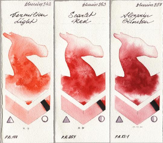 Shminke Horadam Aquarell 342 Vermilion Light vs 363 Scarlet Red vs 357 Alizarin Crimson watercolor swatch