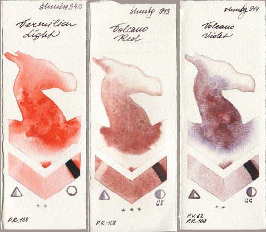 Shminke Horadam Aquarell 342 Vermilion Light, 913 Volcano Red, 914 Volcano Viol watercolor swatch