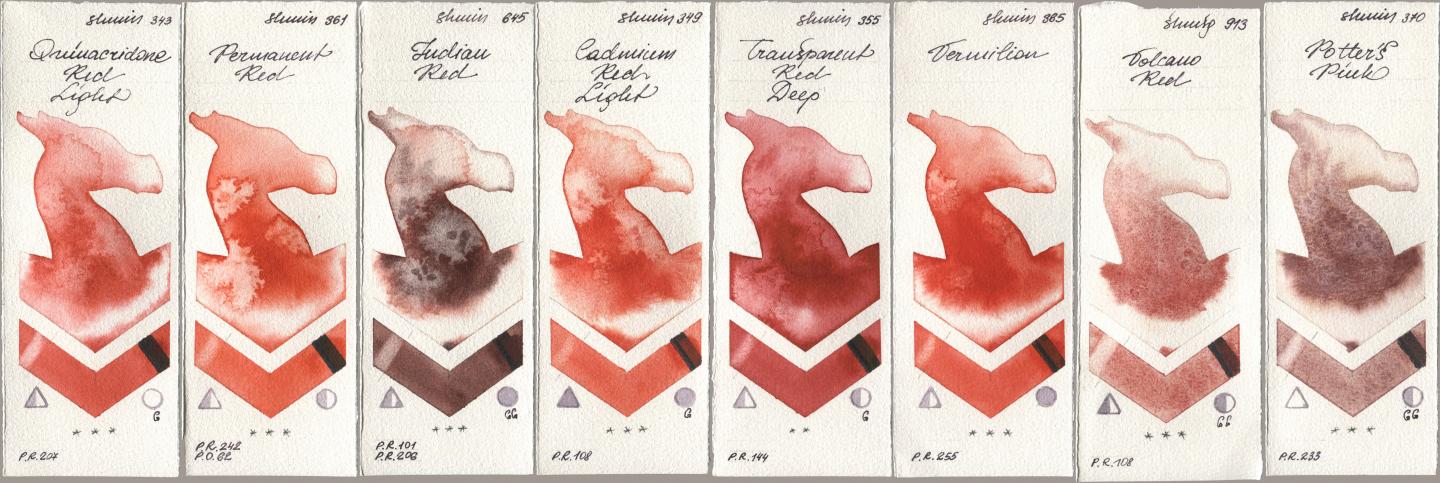 Shminke Horadam Aquarell 343 Quinacridone Red Light, 361 Permanent Red, 645 Indian Red, 349 Cadmium Red Light, 355 Transparent Red Deep, 365 Vermilion, 913 Volcano Red, 370 Potters Pi watercolor swatch