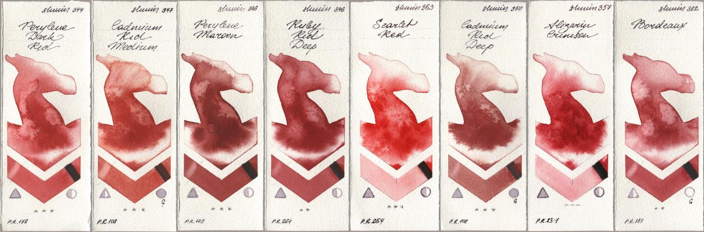 Shminke Horadam Aquarell 344 Perylene Dark Red, 347 Cadmium Red Medium, 366 Perylene Maroon, 346 Ruby Red Deep, 363 Scarlet Red, 350 Cadmium Red Deep, 357 Alizarin Crimson, 362 Bordea watercolor swatch