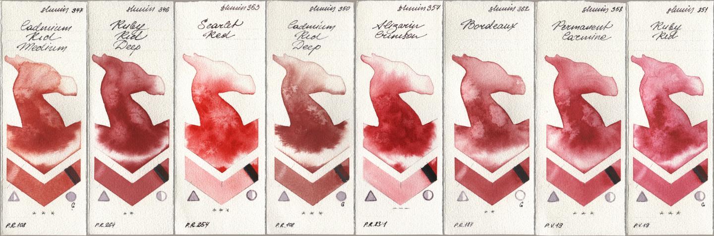 Shminke Horadam Aquarell 347 Cadmium Red Medium, 346 Ruby Red Deep, 363 Scarlet Red, 350 Cadmium Red Deep, 357 Alizarin Crimson, 362 Bordeaux, 353 Permanent Carmine, 351 Ruby R watercolor swatch