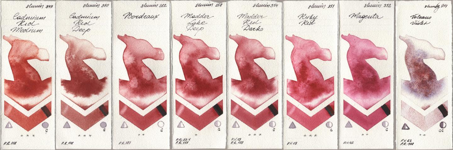 Shminke Horadam Aquarell 347 Cadmium Red Medium, 350 Cadmium Red Deep, 362 Bordeaux, 358 Madder Lake Deep, 354 Madder Red Dark, 351 Ruby Red, 352 Magenta, 914 Volcano Viol watercolor swatch