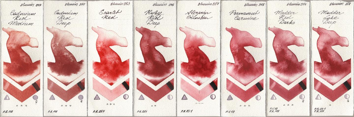 Shminke Horadam Aquarell 347 Cadmium Red Medium, 350 Cadmium Red Deep, 363 Scarlet Red, 346 Ruby Red Deep, 357 Alizarin Crimson, 353 Permanent Carmine, 354 Madder Red Dark, 358 Madder Lake De watercolor swatch