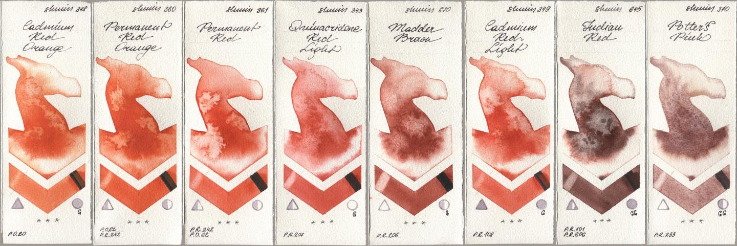 Shminke Horadam Aquarell 348 Cadmium Red Orange, 360 Permanent Red Orange, 361 Permanent Red, 343 Quinacridone Red Light, 670 Madder Brown, 349 Cadmium Red Light, 645 Indian Red, 370 Potters Pi watercolor swatch