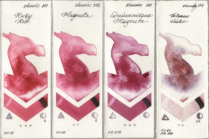 Shminke Horadam Aquarell 351 Ruby Red, 352 Magenta, 369 Quinacridone Magenta, 914 Volcano Viol watercolor swatch