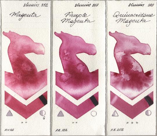 Shminke Horadam Aquarell 352 Magenta, 367 Purple Magenta, 369 Quinacridone Magen watercolor swatch