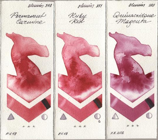 Shminke Horadam Aquarell 353 Permanent Carmine, 351 Ruby Red, 369 Quinacridone Magen watercolor swatch