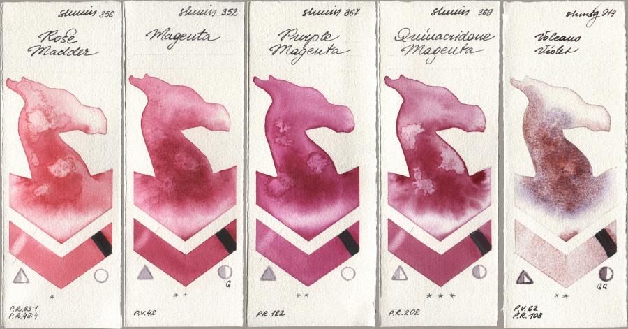 Shminke Horadam Aquarell 356 Rose Madder, 352 Magenta, 367 Purple Magenta, 369 Quinacridone Magenta, 914 Volcano Viol watercolor swatch