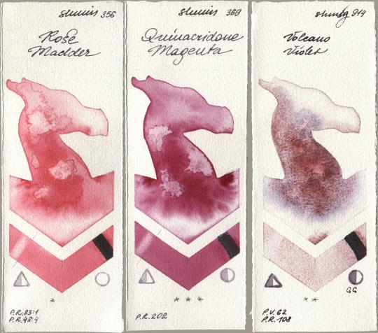 Shminke Horadam Aquarell 356 Rose Madder, 369 Quinacridone Magenta, 914 Volcano Viol watercolor swatch