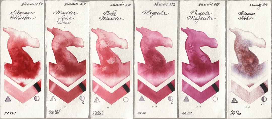 Shminke Horadam Aquarell 357 Alizarin Crimson, 358 Madder Lake Deep, 356 Rose Madder, 352 Magenta, 367 Purple Magenta, 914 Volcano Viol watercolor swatch