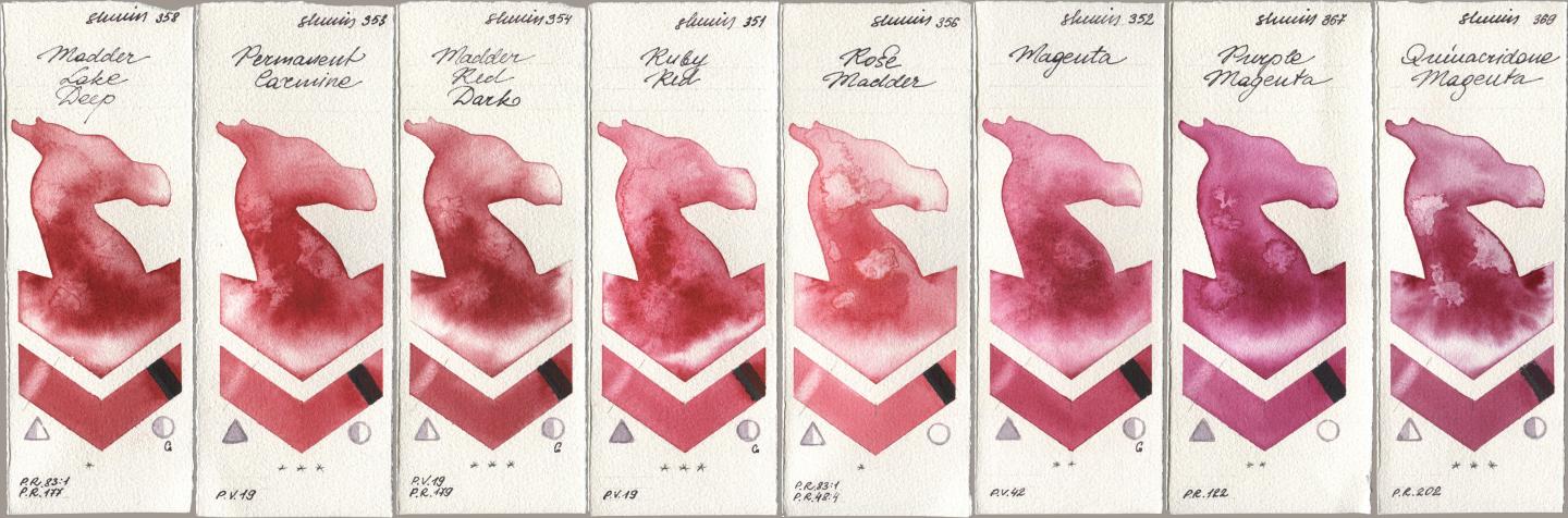 Shminke Horadam Aquarell 358 Madder Lake Deep, 353 Permanent Carmine, 354 Madder Red Dark, 351 Ruby Red, 356 Rose Madder, 352 Magenta, 367 Purple Magenta, 369 Quinacridone Magen watercolor swatch