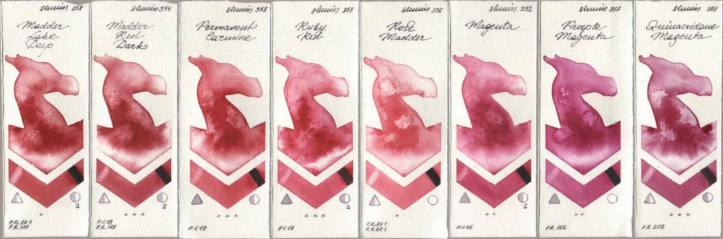 Shminke Horadam Aquarell 358 Madder Lake Deep, 354 Madder Red Dark, 353 Permanent Carmine, 351 Ruby Red, 356 Rose Madder, 352 Magenta, 367 Purple Magenta, 369 Quinacridone Magen watercolor swatch