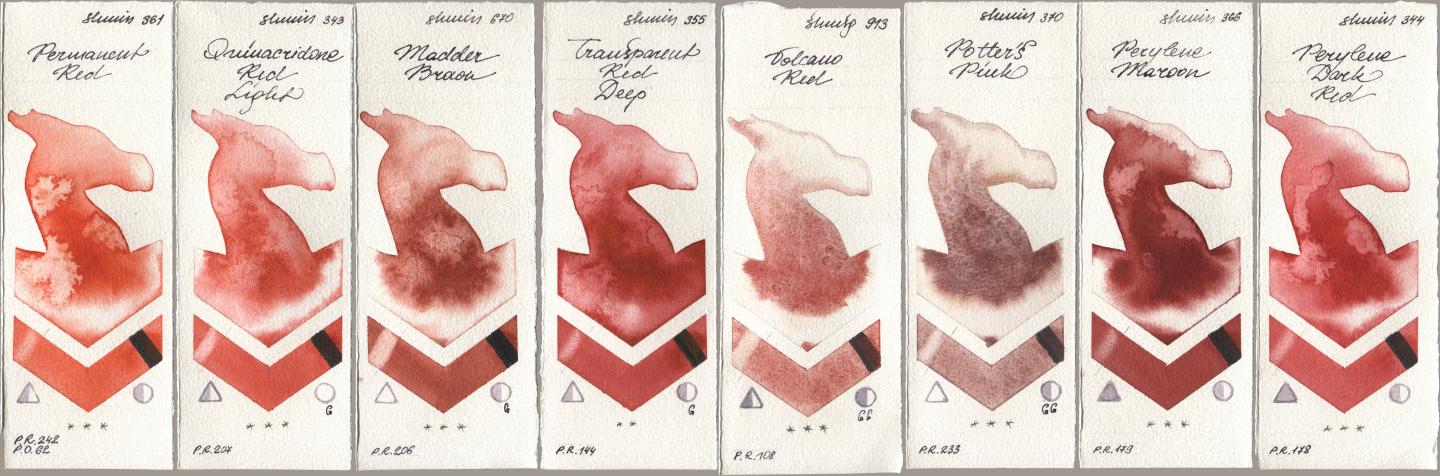 Shminke Horadam Aquarell 361 Permanent Red, 343 Quinacridone Red Light, 670 Madder Brown, 355 Transparent Red Deep, 913 Volcano Red, 370 Potters Pink, 366 Perylene Maroon, 344 Perylene Dark R watercolor swatch