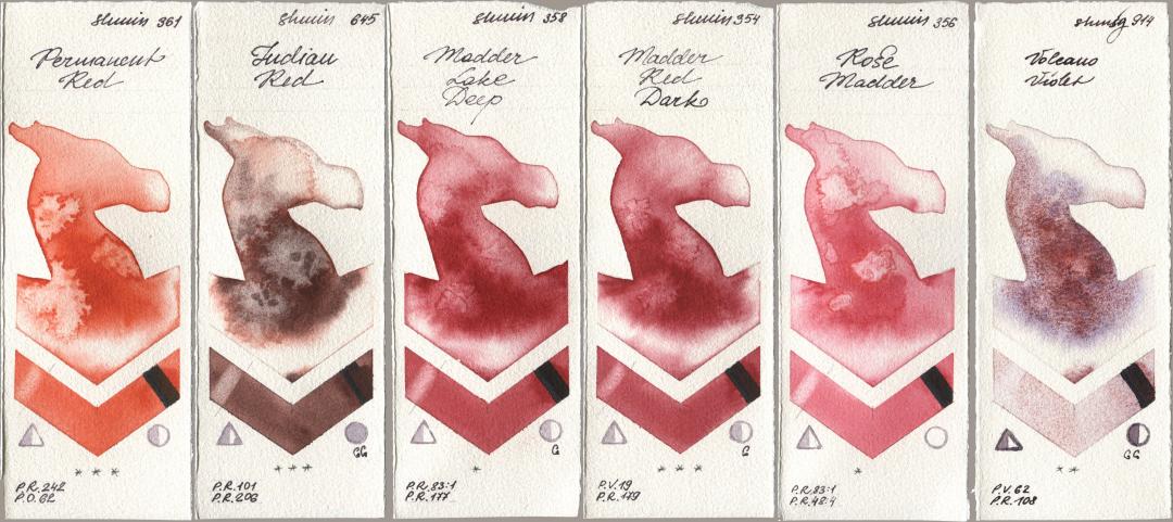 Shminke Horadam Aquarell 361 Permanent Red, 645 Indian Red, 358 Madder Lake Deep, 354 Madder Red Dark, 356 Rose Madder, 914 Volcano Viol watercolor swatch