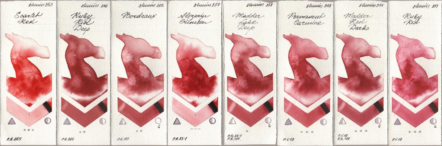 Shminke Horadam Aquarell 363 Scarlet Red, 346 Ruby Red Deep, 362 Bordeaux, 357 Alizarin Crimson, 358 Madder Lake Deep, 353 Permanent Carmine, 354 Madder Red Dark, 351 Ruby R watercolor swatch