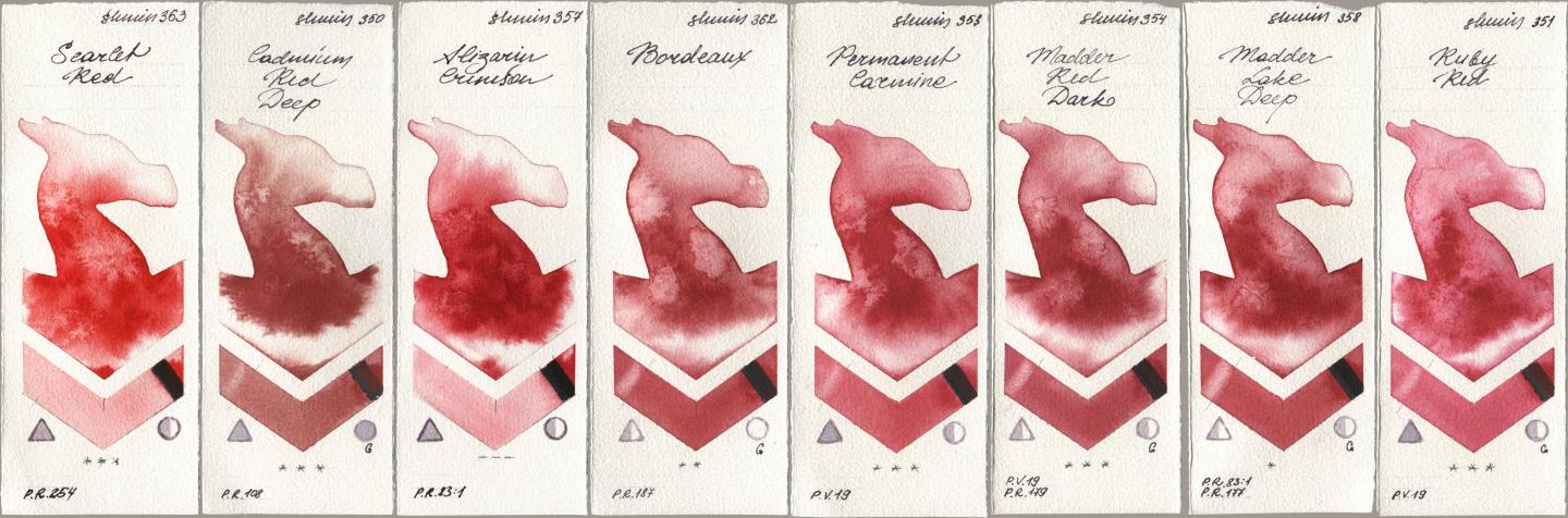Shminke Horadam Aquarell 363 Scarlet Red, 350 Cadmium Red Deep, 357 Alizarin Crimson, 362 Bordeaux, 353 Permanent Carmine, 354 Madder Red Dark, 358 Madder Lake Deep, 351 Ruby R watercolor swatch