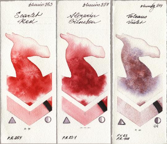 Shminke Horadam Aquarell 363 Scarlet Red vs 357 Alizarin Crimson vs 914 Volcano Violet watercolor swatch
