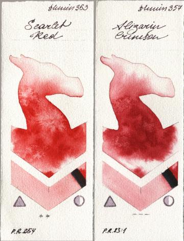 Shminke Horadam Aquarell 363 Scarlet Red, 357 Alizarin Crims watercolor swatch
