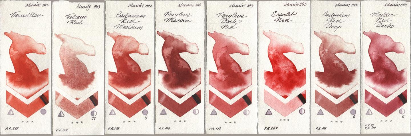 Shminke Horadam Aquarell 365 Vermilion, 913 Volcano Red, 347 Cadmium Red Medium, 366 Perylene Maroon, 344 Perylene Dark Red, 363 Scarlet Red, 350 Cadmium Red Deep, 354 Madder Red Da watercolor swatch