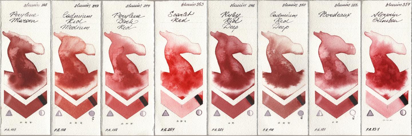 Shminke Horadam Aquarell 366 Perylene Maroon, 347 Cadmium Red Medium, 344 Perylene Dark Red, 363 Scarlet Red, 346 Ruby Red Deep, 350 Cadmium Red Deep, 362 Bordeaux, 357 Alizarin Crims watercolor swatch