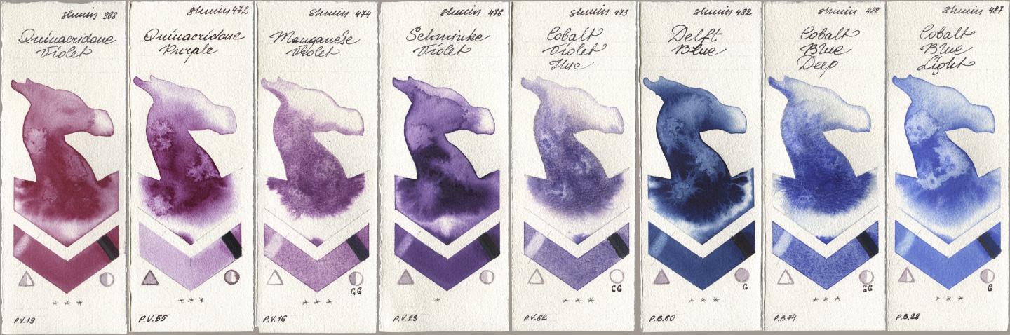 Shminke Horadam Aquarell 368 Quinacridone Violet, 472 Quinacridone Purple, 474 Manganese Violet, 476 Schmincke Violet, 473 Cobalt Violet Hue, 482 Delft Blue, 488 Cobalt Blue Deep, 487 Cobalt Blue Lig watercolor swatch