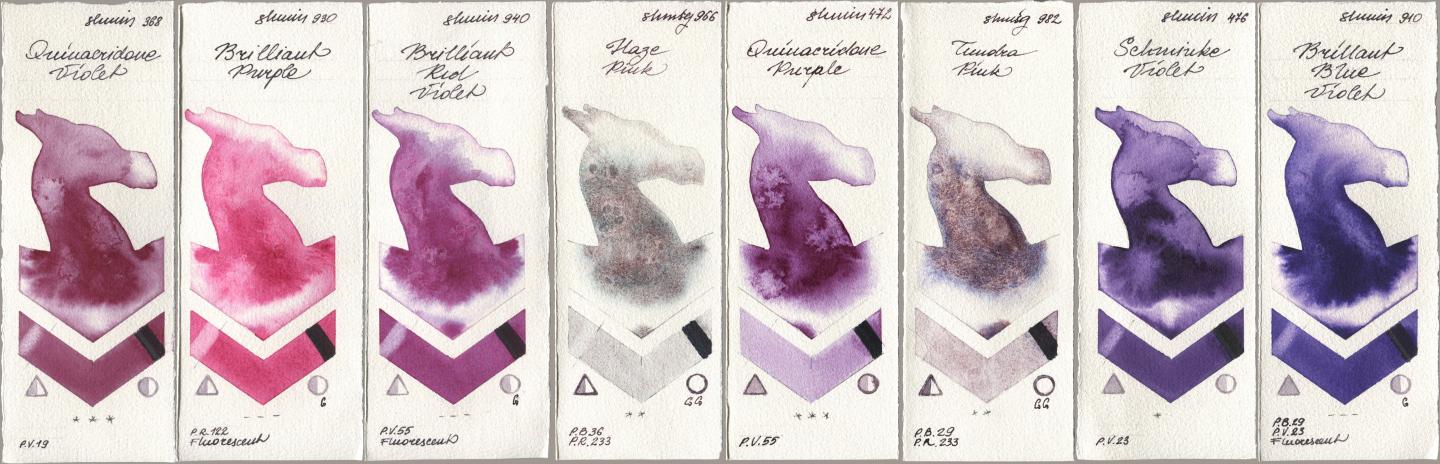 Shminke Horadam Aquarell 368 Quinacridone Violet, 930 Brilliant Purple, 940 Brilliant Red Violet, 966 Haze Pink, 472 Quinacridone Purple, 982 Tundra Pink, 476 Schmincke Violet, 910 Brilliant Blue Viol watercolor swatch