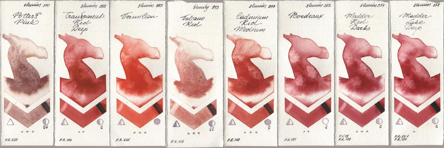 Shminke Horadam Aquarell 370 Potters Pink, 355 Transparent Red Deep, 365 Vermilion, 913 Volcano Red, 347 Cadmium Red Medium, 362 Bordeaux, 354 Madder Red Dark, 358 Madder Lake De watercolor swatch