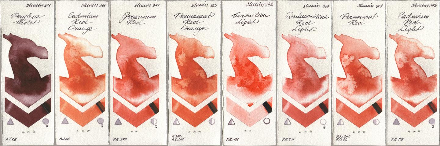 Shminke Horadam Aquarell 371 Perylene Violet, 348 Cadmium Red Orange, 341 Geranium Red, 360 Permanent Red Orange, 342 Vermilion Light, 343 Quinacridone Red Light, 361 Permanent Red, 349 Cadmium Red Lig watercolor swatch