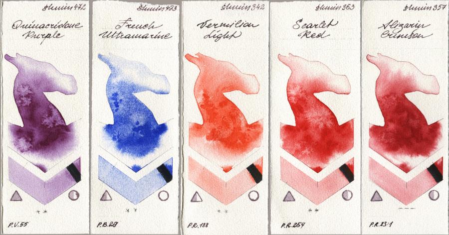 Shminke Horadam Aquarell 472 Quinacridone Purple vs 493 French Ultramarine vs 342 Vermilion Light vs 363 Scarlet Red vs 357 Alizarin Crimson watercolor swatch
