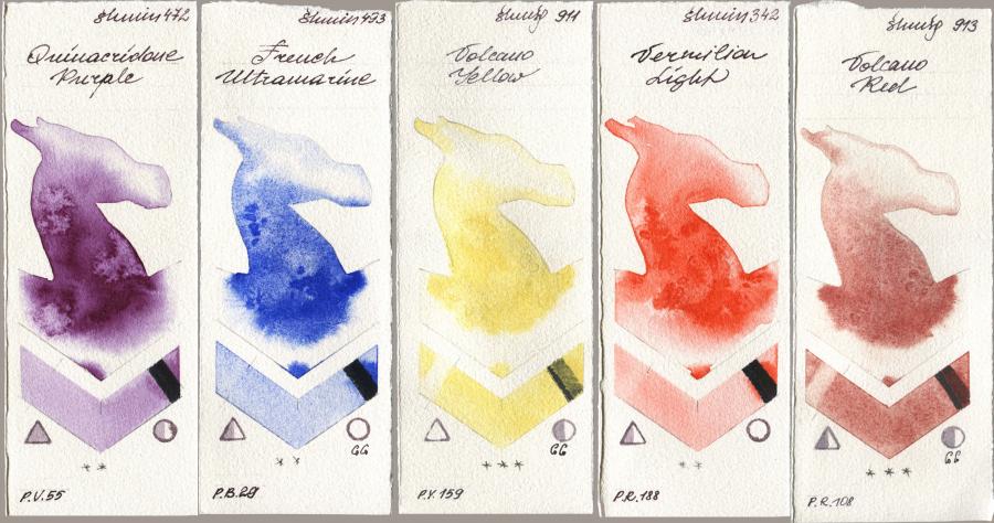 Shminke Horadam Aquarell 472 Quinacridone Purple, 493 French Ultramarine, 911 Volcano Yellow, 342 Vermilion Light, 913 Volcano R watercolor swatch