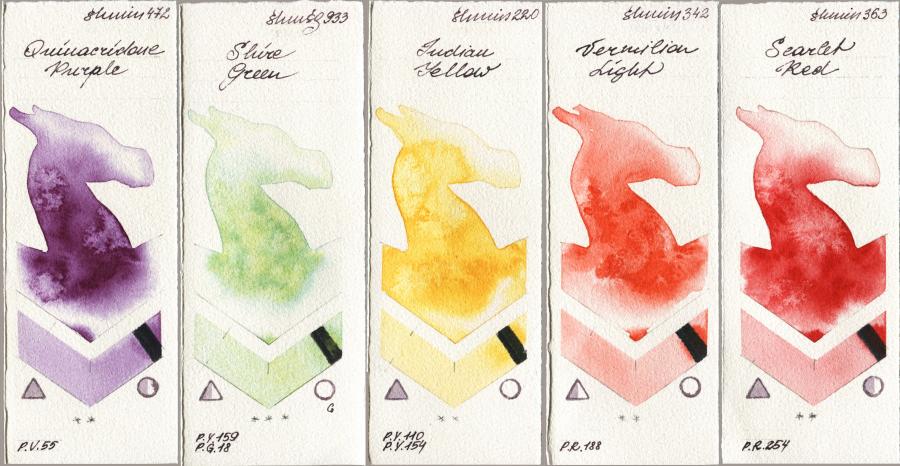 Shminke Horadam Aquarell 472 Quinacridone Purple, 933 Shire Green, 220 Indian Yellow, 342 Vermilion Light, 363 Scarlet R watercolor swatch