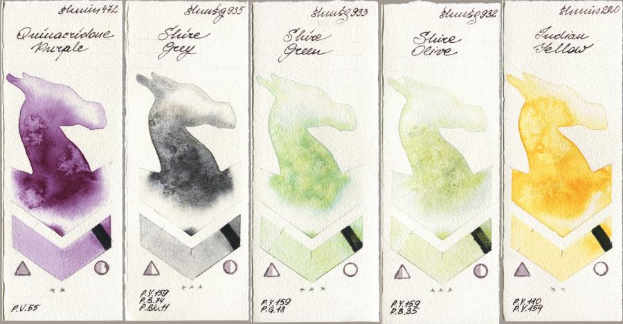 Shminke Horadam Aquarell 472 Quinacridone Purple vs 935 Shire Grey vs 933 Shire Green vs 932 Shire Olive vs 220 Indian Yellow watercolor swatch