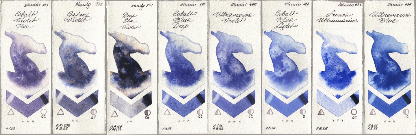 Shminke Horadam Aquarell 473 Cobalt Violet Hue, 972 Galaxy Violet, 951 Deep Sea Violet, 488 Cobalt Blue Deep, 495 Ultramarine Violet, 487 Cobalt Blue Light, 493 French Ultramarine, 496 Ultramarine Bl watercolor swatch