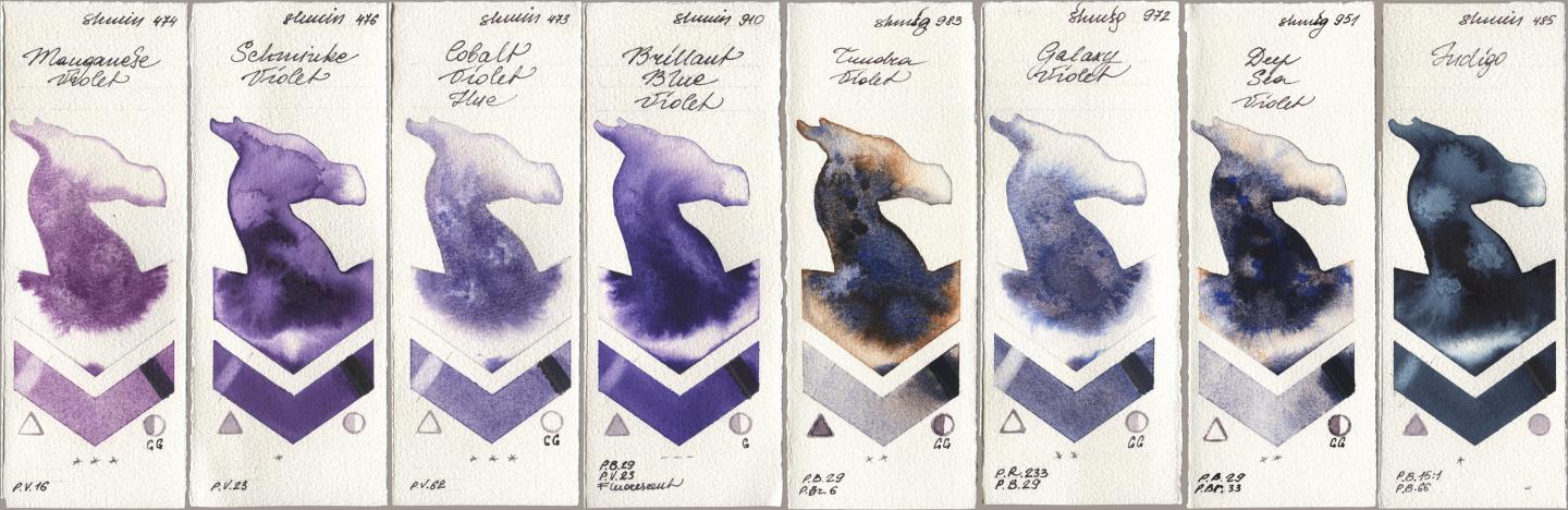 Shminke Horadam Aquarell 474 Manganese Violet, 476 Schmincke Violet, 473 Cobalt Violet Hue, 910 Brilliant Blue Violet, 983 Tundra Violet, 972 Galaxy Violet, 951 Deep Sea Violet, 485 Indi watercolor swatch