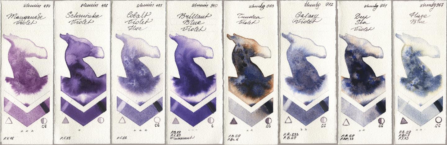 Shminke Horadam Aquarell 474 Manganese Violet, 476 Schmincke Violet, 473 Cobalt Violet Hue, 910 Brilliant Blue Violet, 983 Tundra Violet, 972 Galaxy Violet, 951 Deep Sea Violet, 967 Haze Bl watercolor swatch